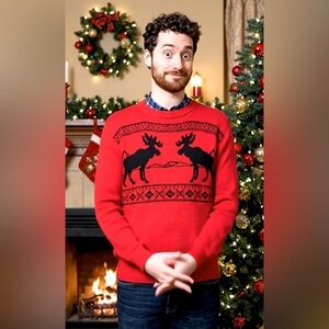 Chaps Red Zip-Up Sweater with Moose Pattern